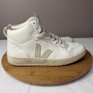 Veja Shoes Mens Size 7 White Leather High Top Logo Casual Sneakers Lace Up